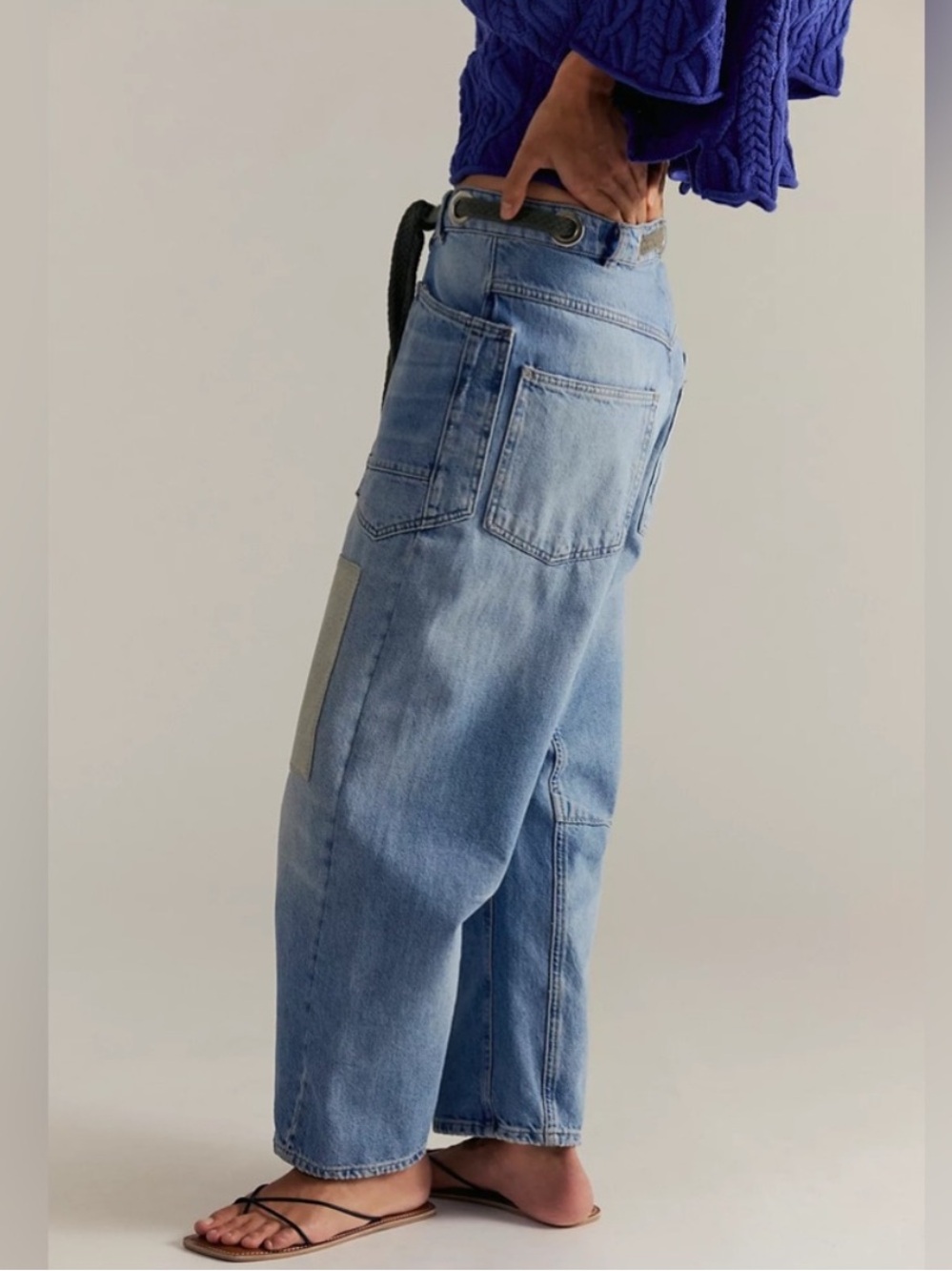 Free People Jeans Moxie Barrel Leg Distressed Green Belted in Truest Blue - Picture 2 of 10